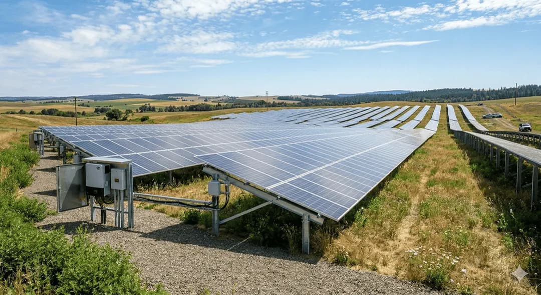 A ground-mount solar park built across open land, rows of panels running to the horizon